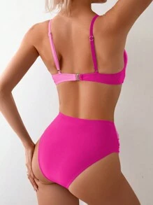 SHEIN Swim 女士夏季海灘顏色拼接十字摺褶比基尼套裝 - 粉色 - 查看 6