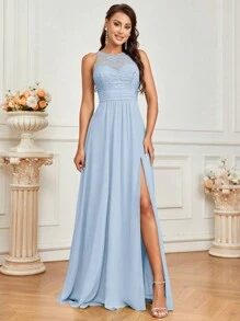 SHEIN Belle 成人蕾丝拼接A字型伴娘礼服优雅连衣裙 - 淺藍色 - 查看 2