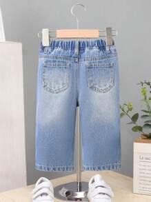SHEIN Babyjongen Zomer Blauw Gewassen Elastische Tailleband Casual Baggy Opgestikte Zak Denim Wijde Pijpen Jeans, Babyjongen Lente En Zomer Kleding Broeken Outfits