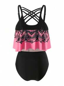 SHEIN Swim Curve Conjunto de tankini de talla grande con estampado de calaveras y mandala para playa de verano, ideal para vacaciones