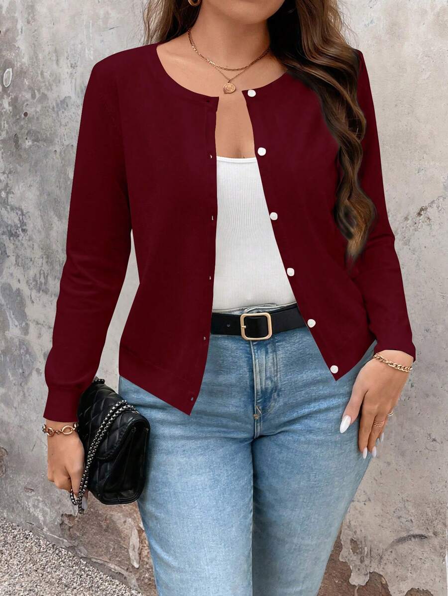 SHEIN LUNE Plus Size Women Fashion Solid Color Long Sleeve Button Front Cardigan For New Year Clothes, For Winter