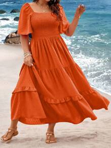 Breezaya Plus Size Women Seaside Vacation Square Neck Ruffle Short-Sleeve Textured Cutout Long Dress
