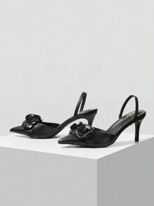 Hoa Trắng Trang Trí Chất Liệu Pu Cao Gót Nhỏ Thoải Mái Của Phụ Nữ Giày Bơm Đi Nghỉ Giày Giảm Giá Mùa Hè - màu đen - Xem 2