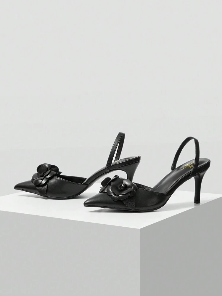 White Flower Decor Pu Material Small High Heel Lady's Comfortable Pump Shoes Vacation Shoes Summer