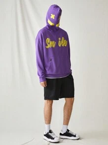 Manfinity VCAY Men Spring And Autumn Casual Hooded Sweatshirt With Zipper And Expression & Letter Print, For Fall Winter - Purple - View 1