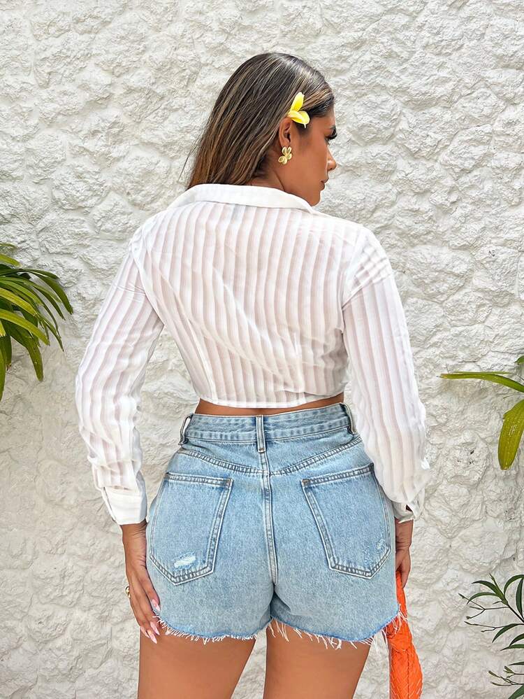 Women Sexy See-Through Mesh Texture Long Sleeve Shirt