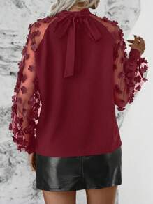 SHEIN LUNE Contrast Mesh Appliques Raglan Sleeve Mock Neck Blouse