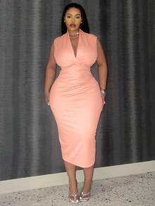 BIUBIU Women's Plus Size Solid Color Crossed Fold Detail Ruched Hem  Bodycon Dress - Pink - View 5