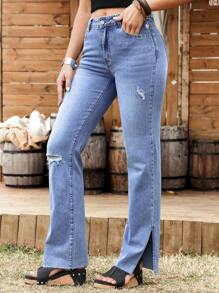SHEIN LUNE Women Straight-Leg Jeans With Distressed Details And Pockets - Blue - View 5