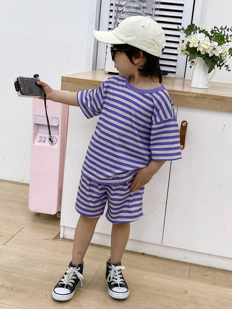 2pcs/Set YoungBoy Striped Print Round Neck Short Sleeve T-Shirt And Shorts, Comfortable Breathable Casual Suitable For Outdoor, Sports, Summer