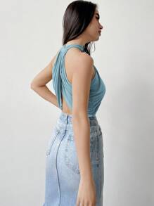 Firerie Elegant Pleated Short Crop Top With Halter Neck For Summer Fashion - Baby Blue - View 2