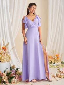SHEIN Belle 女士时尚 V 领荷叶边开叉伴娘礼服 - 紫羅蘭色 - 查看 5
