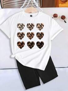 SHEIN LUNE 親子裝豹紋心形圖案簡約圓領短袖T卹，適合夏季，適中大小女士兩件套愛心外出裝扮 - 黑與白 - 查看 2