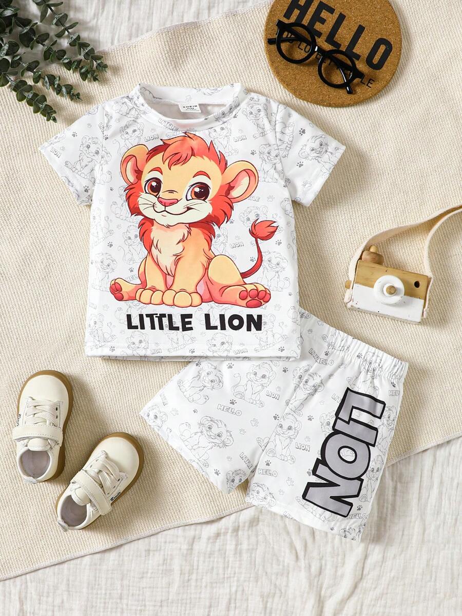 Ensemble T-shirt Et Short Homme Imprimé Lion 3D - Élasthanne + Polyester, Séchage Rapide, Respirant - Pour Sport, Plage, Loisirs