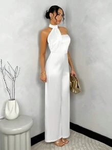 SHEIN BAE Summer White Solid Color Satin Halter Asymmetrical Graduation Dress With Wide Leg Jumpsuit White Jumpsuit Womenelegant Jumpsuitjumpsuits Ladies Party - White - View 3