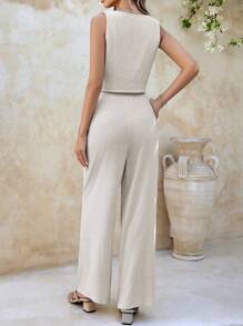 SHEIN Clasi Women Two-Piece Outfits Linen Set - Beige - View 2