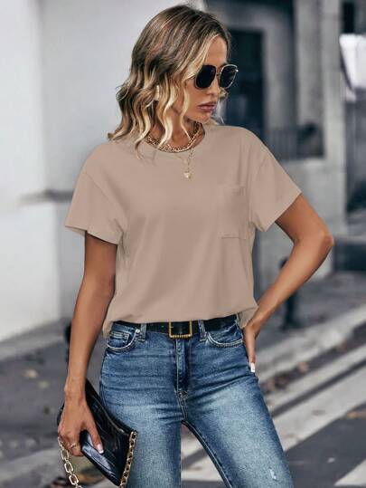 INAWLY Women Fashion Solid Color Short Sleeve Round Neck T-Shirt
