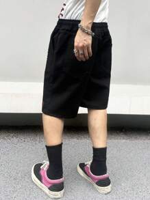 Manfinity EMRG Men Gesture Letter Printed Nail Bead Drawstring Waist Loose Fit Casual Spring/Summer Denim Shorts