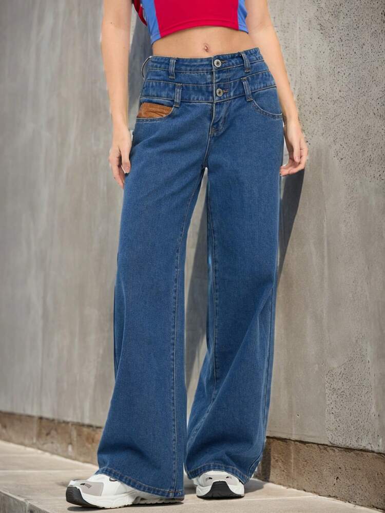 Women's Pocket-Decorated 2 In 1 Design Denim Pants