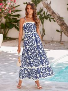 Breezaya 女士夏天假期植物印花荷葉邊長款背心裙 - 藍色 - 查看 7