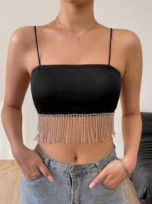 SHEIN PETITE Women Summer Spliced Rhinestone Fringed Hem Crop Top Camisole With Spaghetti Straps - Black - View 4
