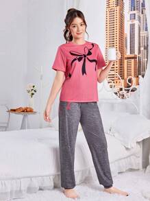 SHEIN 少女簡約蝴蝶結紋短袖和長褲針織舒適親膚家庭兩件套