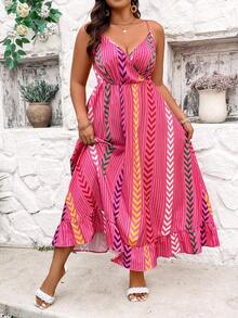 SHEIN Holidaya Plus Size Women Colorful Printed Spaghetti Strap Dress - Pink - View 4