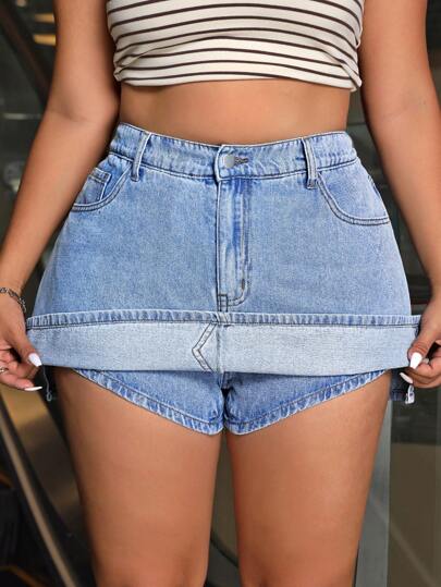 SHEIN ICON Plus Size Women Summer Casual Side Slit Denim Shorts Skirt
