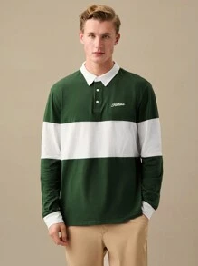 Manfinity VCAY Camisa polo vintage de manga larga de dos tonos con botones hasta la mitad y bloqueo de color, bordado de letra de algodón para hombre, regalo para novio, regreso a la escuela - Multicolor - Ver 3