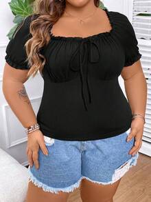 SHEIN CURVE+ Plus Size Solid Color Frill Trim Front Knot Chest Pleated T-Shirt - Black - View 5