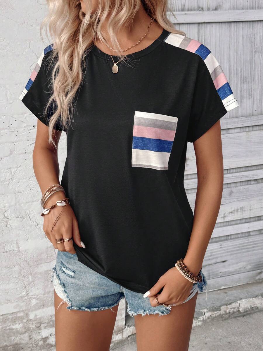 EMERY ROSE Áo thun nữ mùa hè sọc in cổ tròn tay ngắn có túi thông thường - màu đen - Xem 1