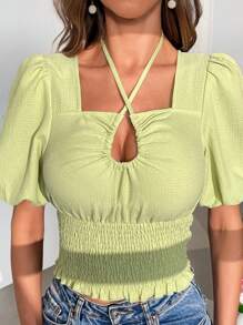 SHEIN Privé Women Fashionable Neck Hanging Frill Edge Shirt - Green - View 6