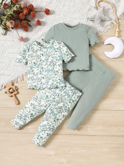 嬰兒女孩4件套花紋和純色短袖上衣套裝，圓領和長褲針織睡衣套裝