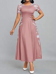 SHEIN Lady Ladies" Summer Contrast Color Short Sleeve Round Neck Dress - Dusty Pink - View 4