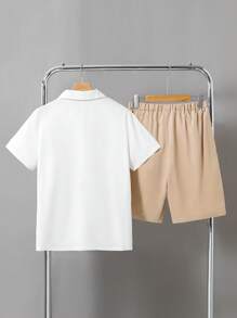 Teen Boy 2 In 1 Color Block Short Sleeve Casual Shirt And Shorts Gentleman Weave Outfit - Multicolor - View 2