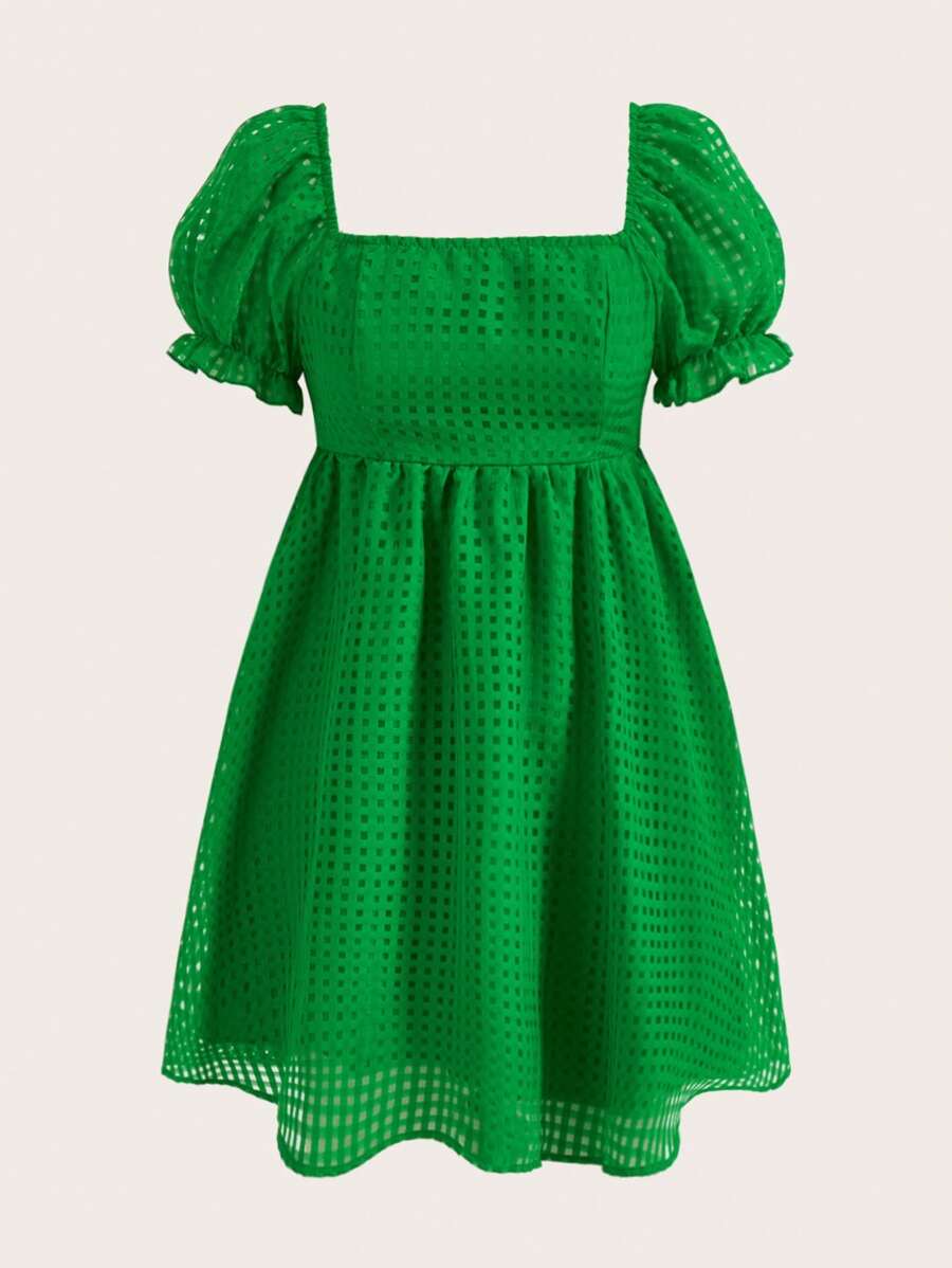 SHEIN Unity Women Summer Square Neck Short Puff Sleeve Doll Checkered Dress - Green - View 1