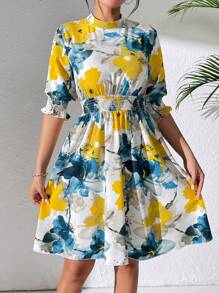 Breezaya Women Summer Floral Print Stand Collar Short Sleeve Waisted Fashion Dress For Holiday - Multicolor - View 3