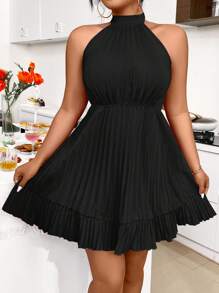 Elenzga Vestido de verano con cuello halter y plisado en talla grande, unicolor - Negro - Ver 3