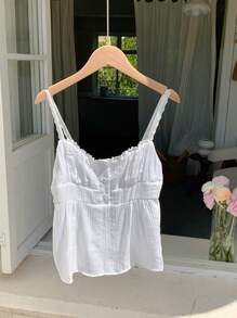 SHEIN Comfortcana 女士A字形鈕扣裝飾蕾絲背心上衣，適合春夏 - 白色 - 查看 1