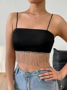 SHEIN PETITE Women Summer Spliced Rhinestone Fringed Hem Crop Top Camisole With Spaghetti Straps - Black - View 3