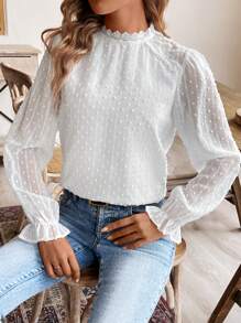 SHEIN Frenchy 瑞士圆点荷叶边袖蕾丝拼布面料贴布衬衫，长袖上衣