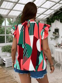 SHEIN LUNE 大尺碼女性夏季幾何圖案圓領帽袖寬鬆襯衫