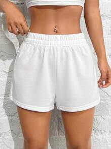 SHEIN PETITE 2 Packs Solid Elastic Waist Track Summer Outfits Shorts - Multicolor - View 8