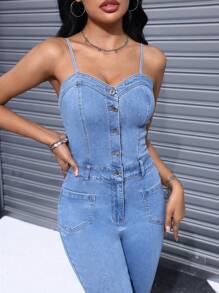 SHEIN EZwear Women Music Festival Spring/Summer Denim Overalls And Jumpsuits - Medium Wash - View 4