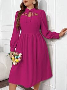 SHEIN Unity Plus Solid Color Romantic Long Sleeve Hollow Out Dress Fall Cloth For Women - Hot Pink - View 7