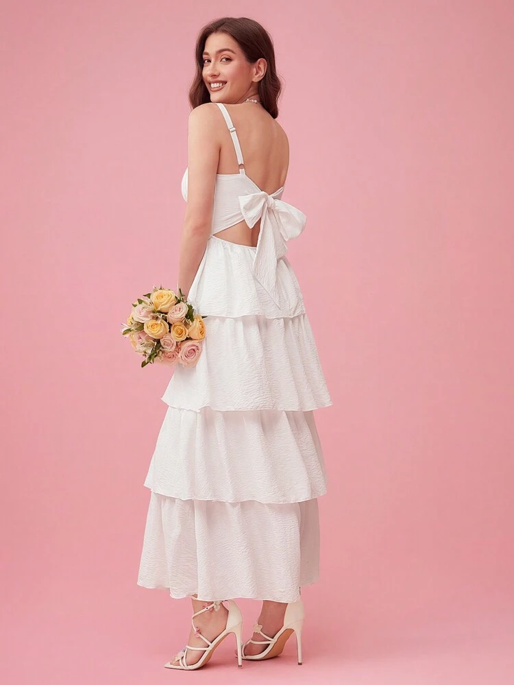 Women Holiday Sundress Summer Spring Bow Chest Wrinkles Tie Multi-Layer Ruffled Hem Long Suspender White Prom Dress With Elegant And Romantic