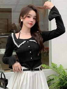 DAZY 女性時尚百搭甜美Preppy風格緊身長袖T恤 - 黑色 - 查看 2