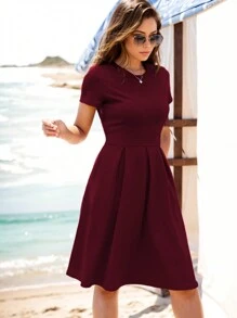 Đầm xòe kiểu vintage màu trơn dành cho nữ, thích hợp cho tiệc cocktail, phong cách thường ngày mùa hè và thanh lịch. - Màu Đỏ Sâu - Xem 3