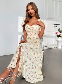 SHEIN Privé Ladies Elegant & Romantic Bubble Sleeve Dress With Printed Pattern, Pleated Chest, Split Hemline And Mid-Length - Yellow - View 5