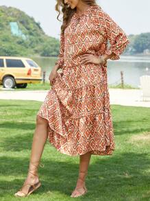 Women Printed Long-Sleeve Dress For Summer Musical Festival - Coral Orange - View 1